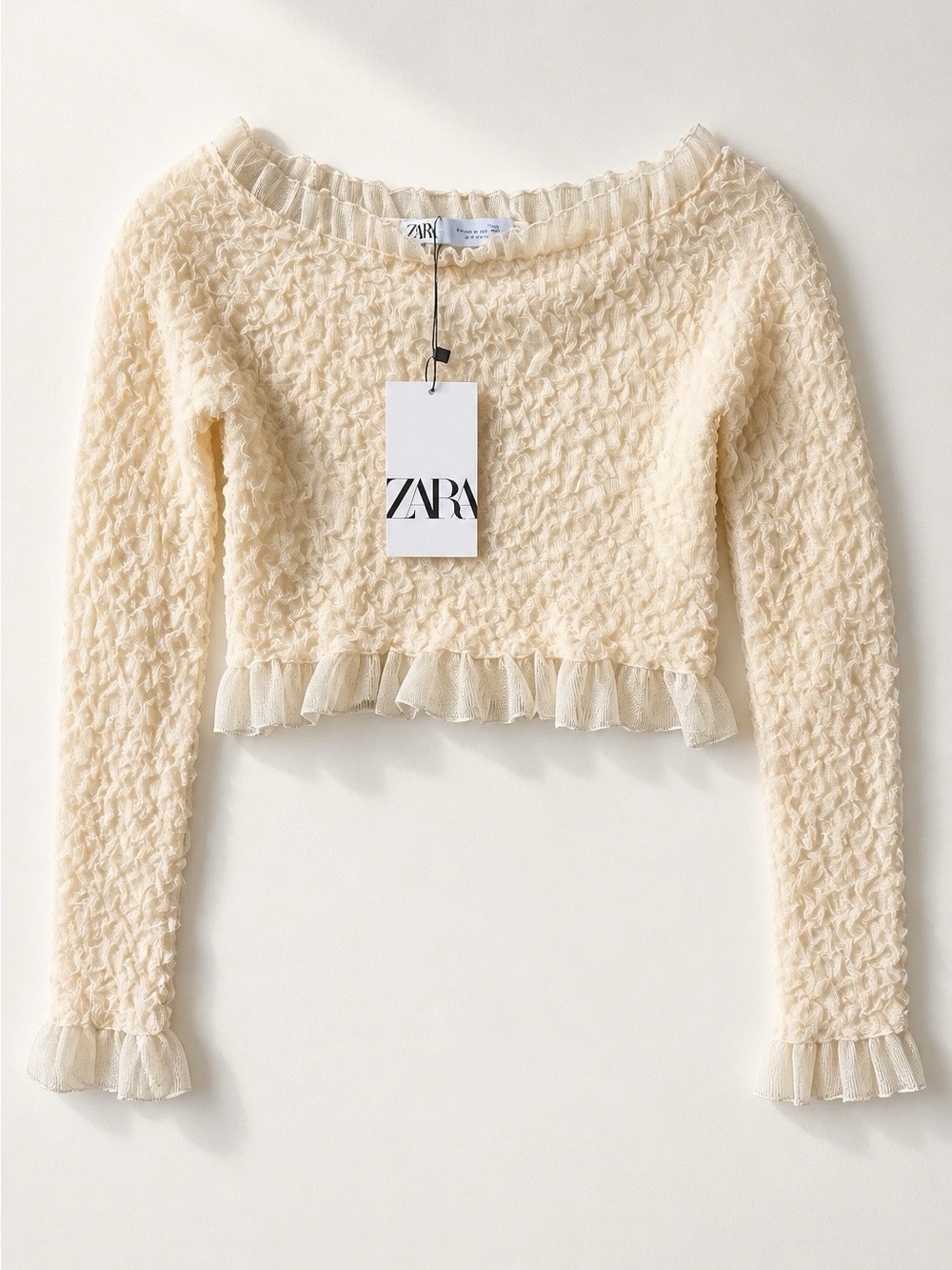 ZARA Cream Textured Crop Tulle Top